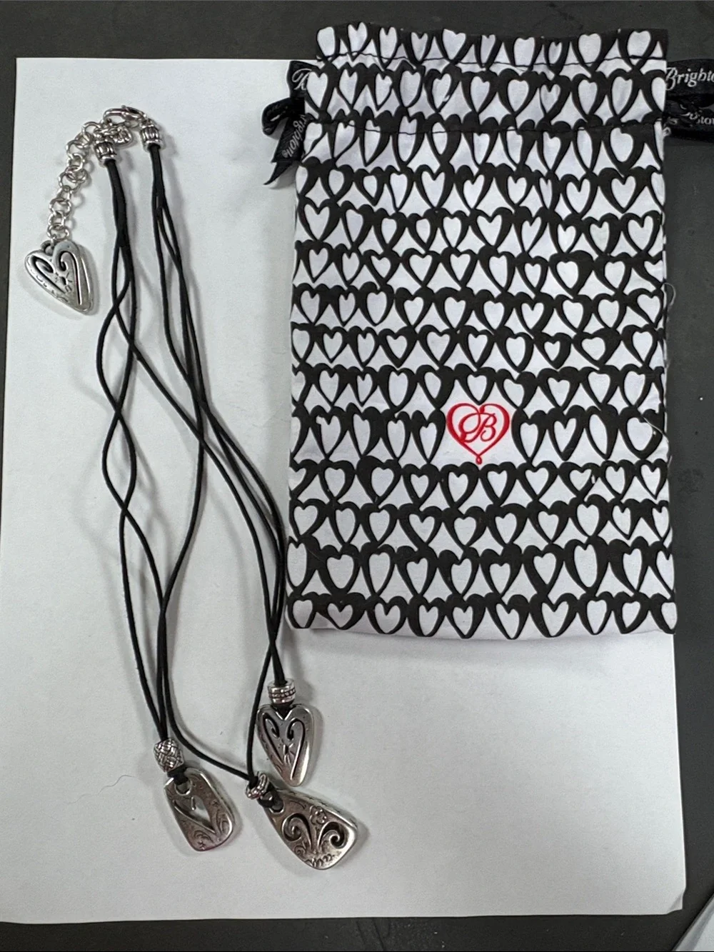 Brighton Silver Heart Pendant Necklace Trio with Black Cords/ dustbag